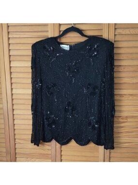 Stenay Black Padded Shoulders Beaded Sequin Sheer Long Sleeve Formal Top Size S